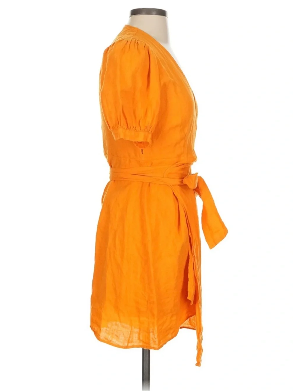 Zara Women’s Linen Orange Wrap Mini Dress with Puff Sleeves - Picture 6 of 9